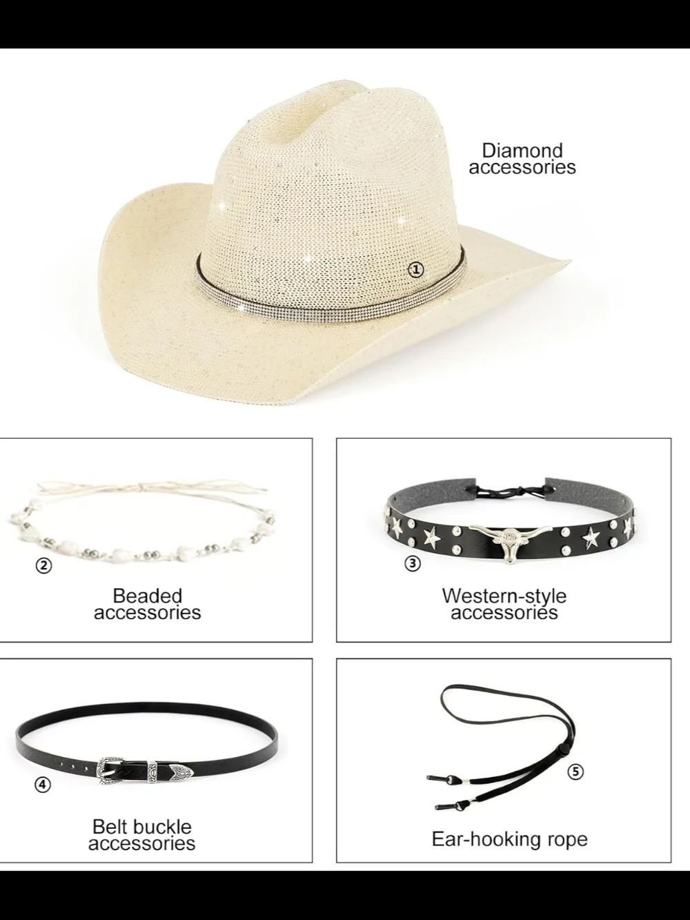Women’s Bling Straw Cowboy Hat - Cream - Picture 3 of 6